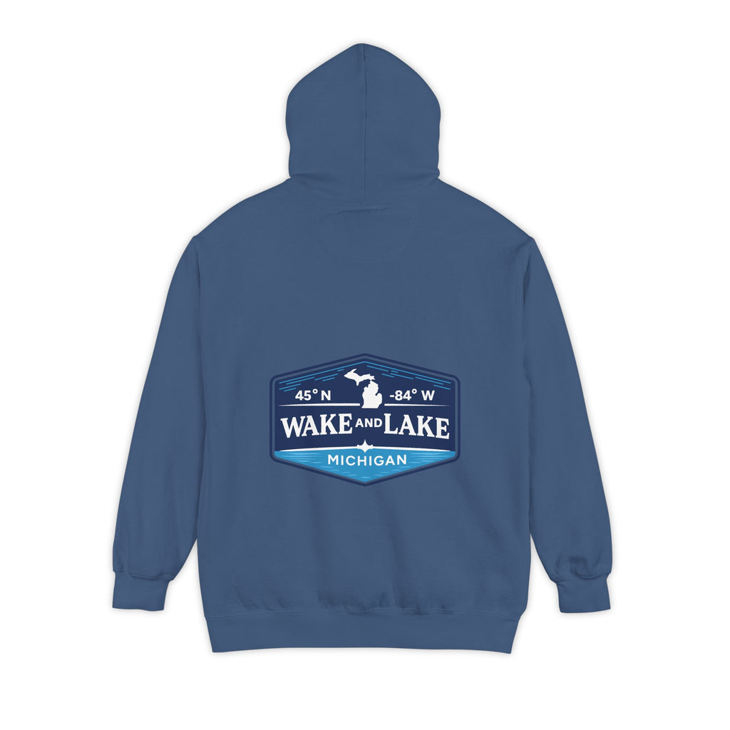 Wake and Lake Michigan Shield Hoodie – Premium in True Navy, back view, with the 45°N -84°W coordinate badge across the shoulders.