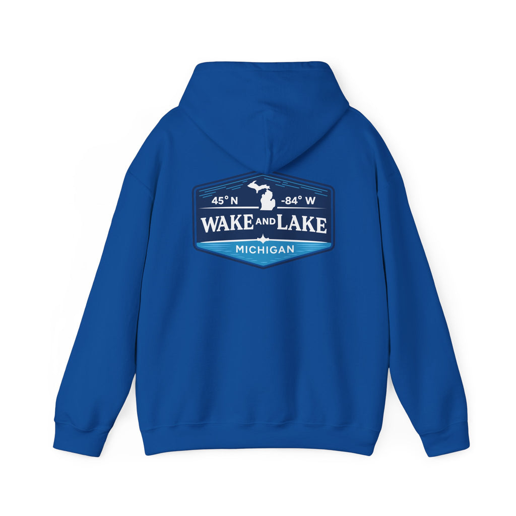 Wake and Lake Michigan Shield Hoodie worn on a foggy Great Lakes morning
Midweight Michigan crest sweatshirt for lake life
Michigan boating hoodie with bold shield graphic and Wake and Lake branding
Unisex Great Lakes fleece hoodie with Michigan shield crest
