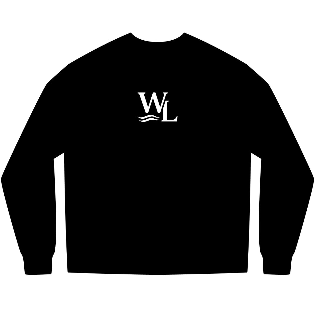 Unisex, Black  long-sleeve tee with circle crest arch logo on the chest, and a WL monogram logo on the back, rear view
