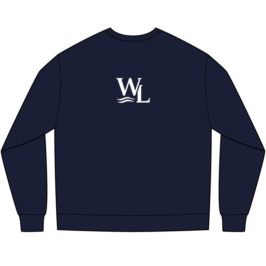 Unisex, Navy long-sleeve tee with circle crest arch logo on the chest, and a WL monogram logo on the back, rear view
