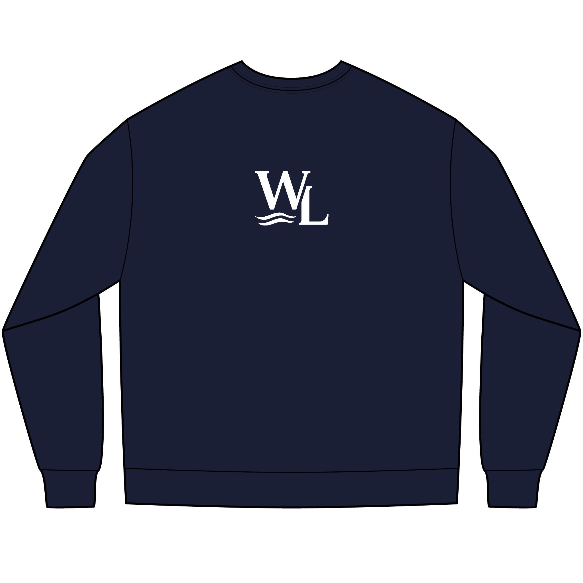 Unisex, Navy long-sleeve tee with circle crest arch logo on the chest, and a WL monogram logo on the back, rear view
