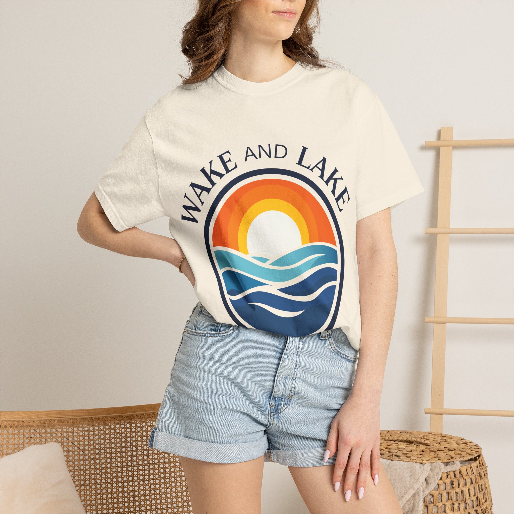 Wake and Lake Life Circle Crest Tee light color on a sunny lake day
White or sand-colored unisex lake t-shirt with circle crest logo
Light summer boating shirt with Wake and Lake branding
Breathable cotton lake life tee in light colorway
