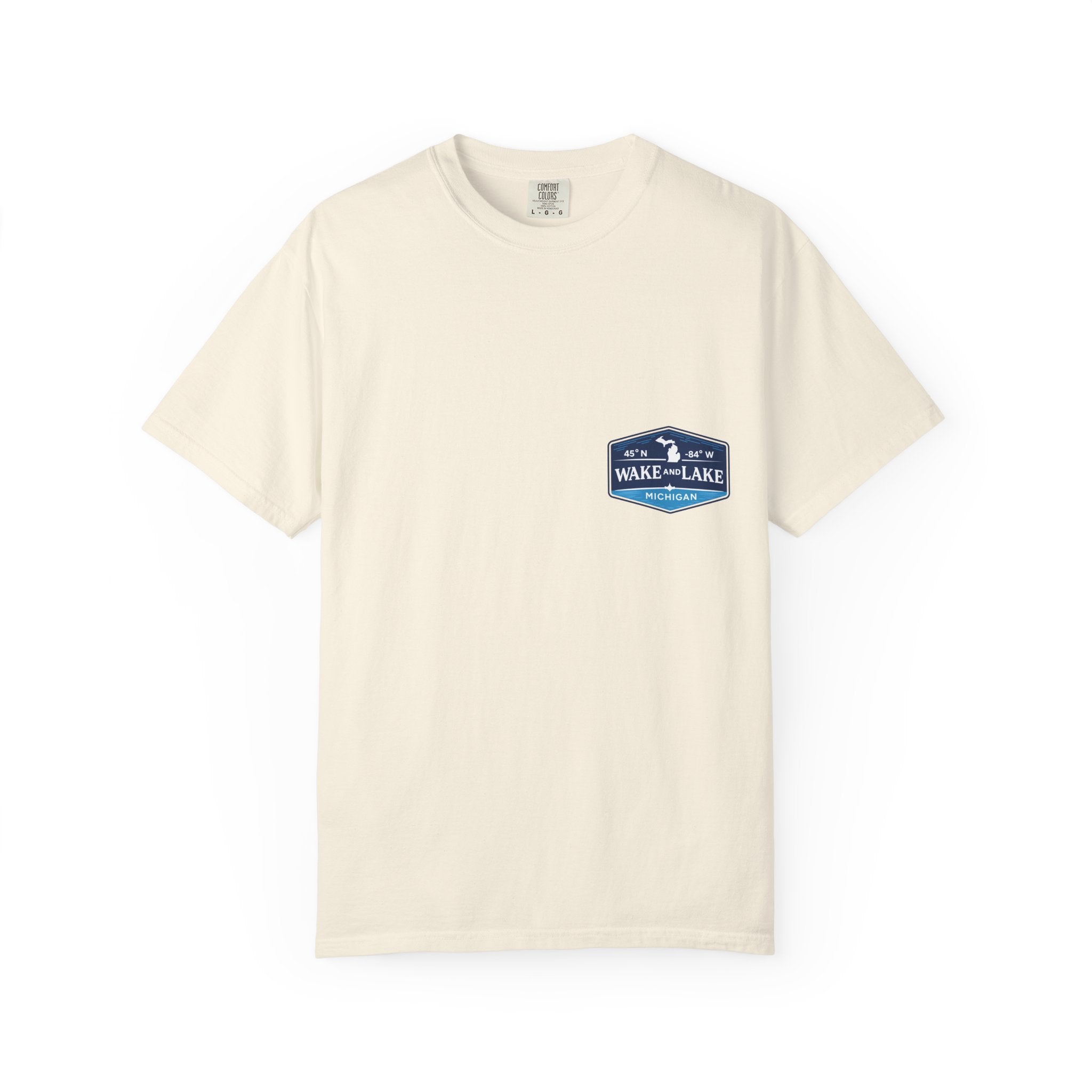 Wake and Lake Michigan Shield Tee worn on a Great Lakes dock
Bold Michigan crest graphic t-shirt for lake life
Michigan boating shirt with Wake and Lake shield logo
Unisex cotton tee with Michigan state pride lake graphic

