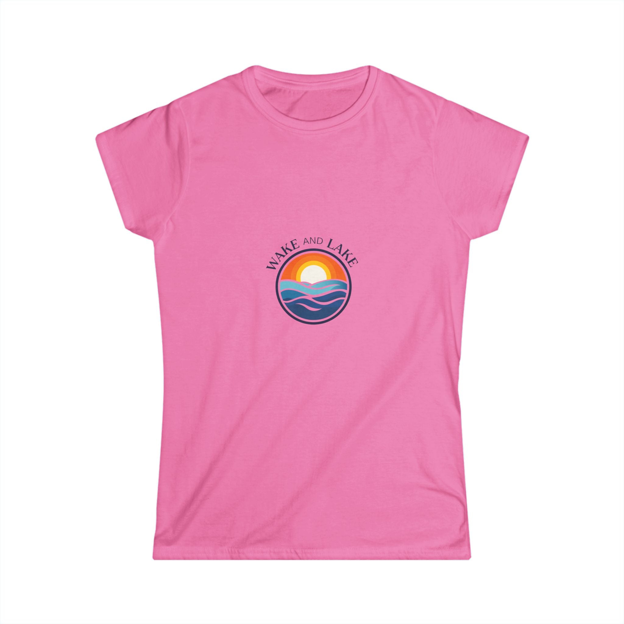 Wake and Lake Circle Crest Women's Fitted Tee, pink, front view