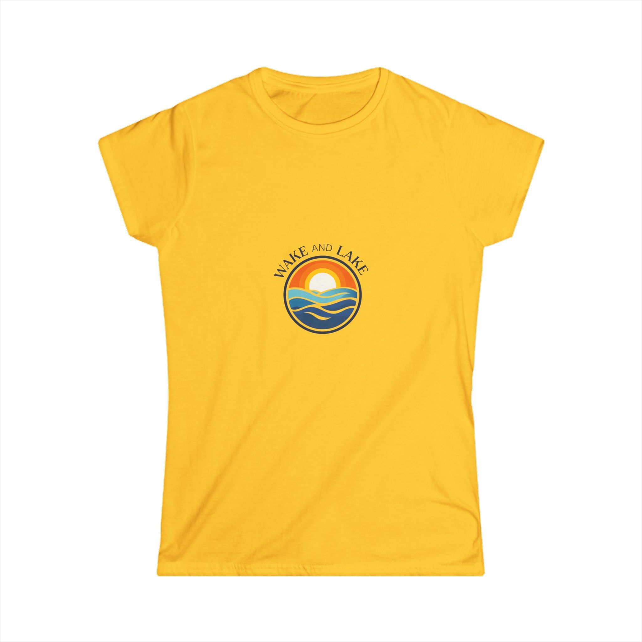 Wake and Lake Circle Crest Women's Fitted Tee, yellow, front view