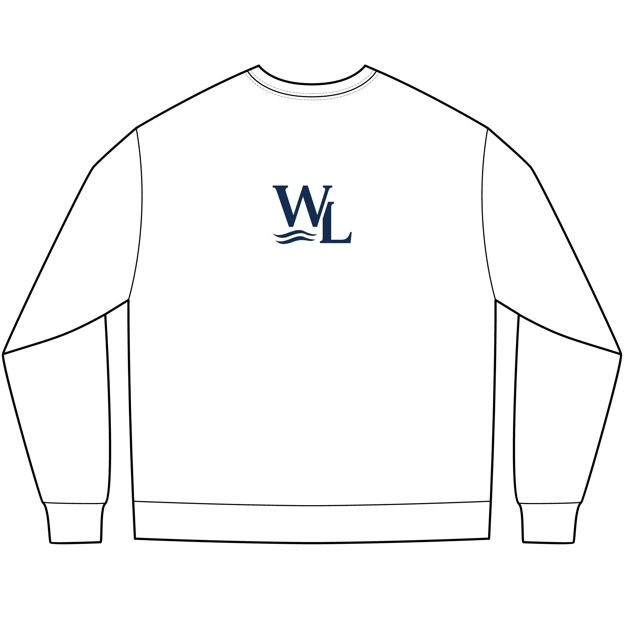 Women's White long-sleeve sweatshirt with WL monogram logo on the back, rear view