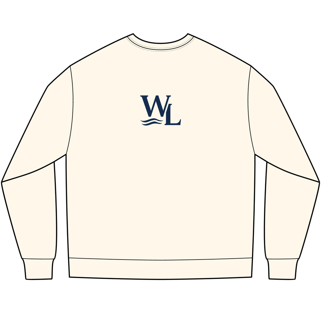 Women's Beige long-sleeve sweatshirt with WL monogram logo on the back, rear view