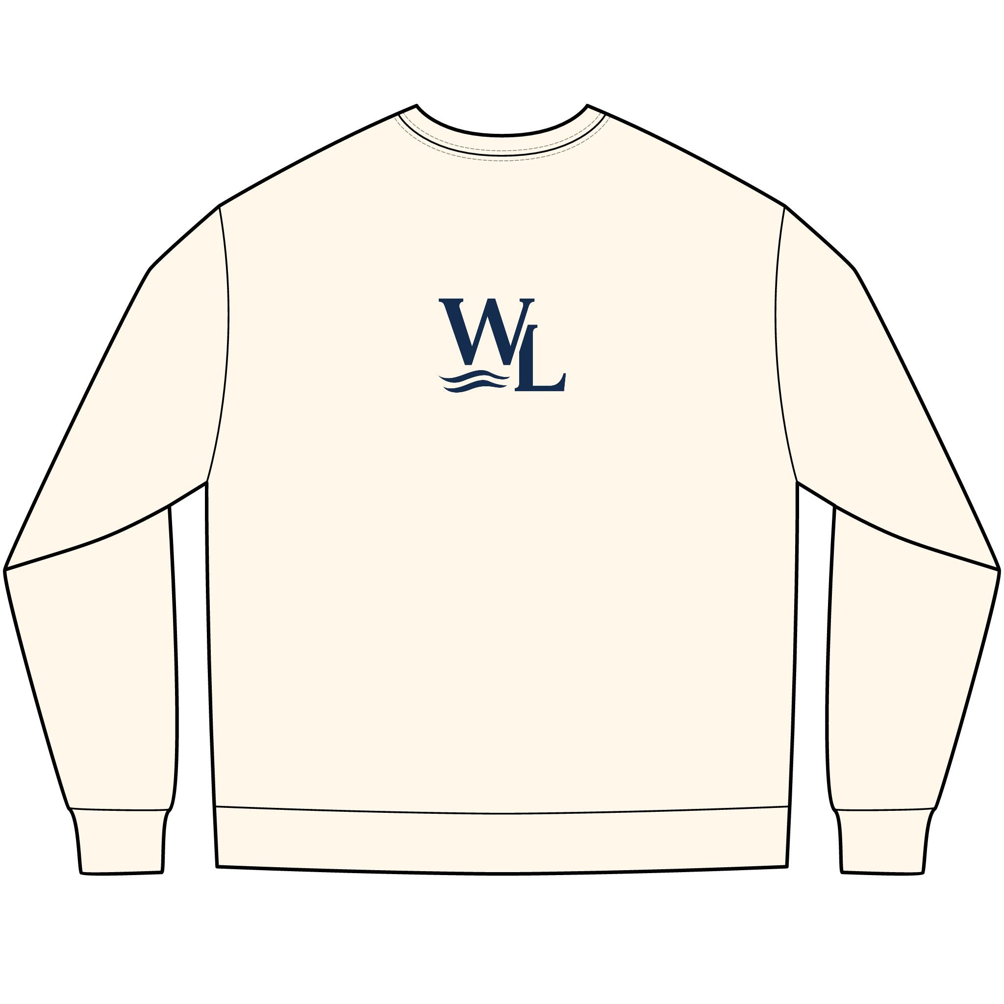Women's Beige long-sleeve sweatshirt with WL monogram logo on the back, rear view