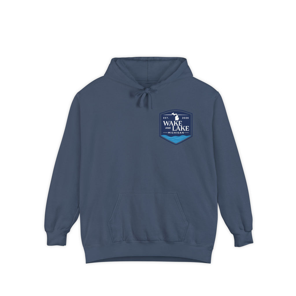 Wake and Lake Michigan Shield Hoodie – Premium in Denim, front view, with the Michigan shield badge on the left chest.