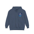 Wake and Lake Michigan Shield Hoodie – Premium in Denim, front view, with the Michigan shield badge on the left chest.
