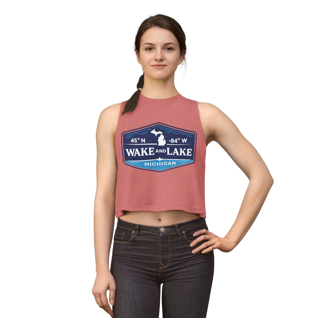 Wake and Lake Michigan Shield Women's Crop Tee – Fitted, sleeveless, red, front view on model
