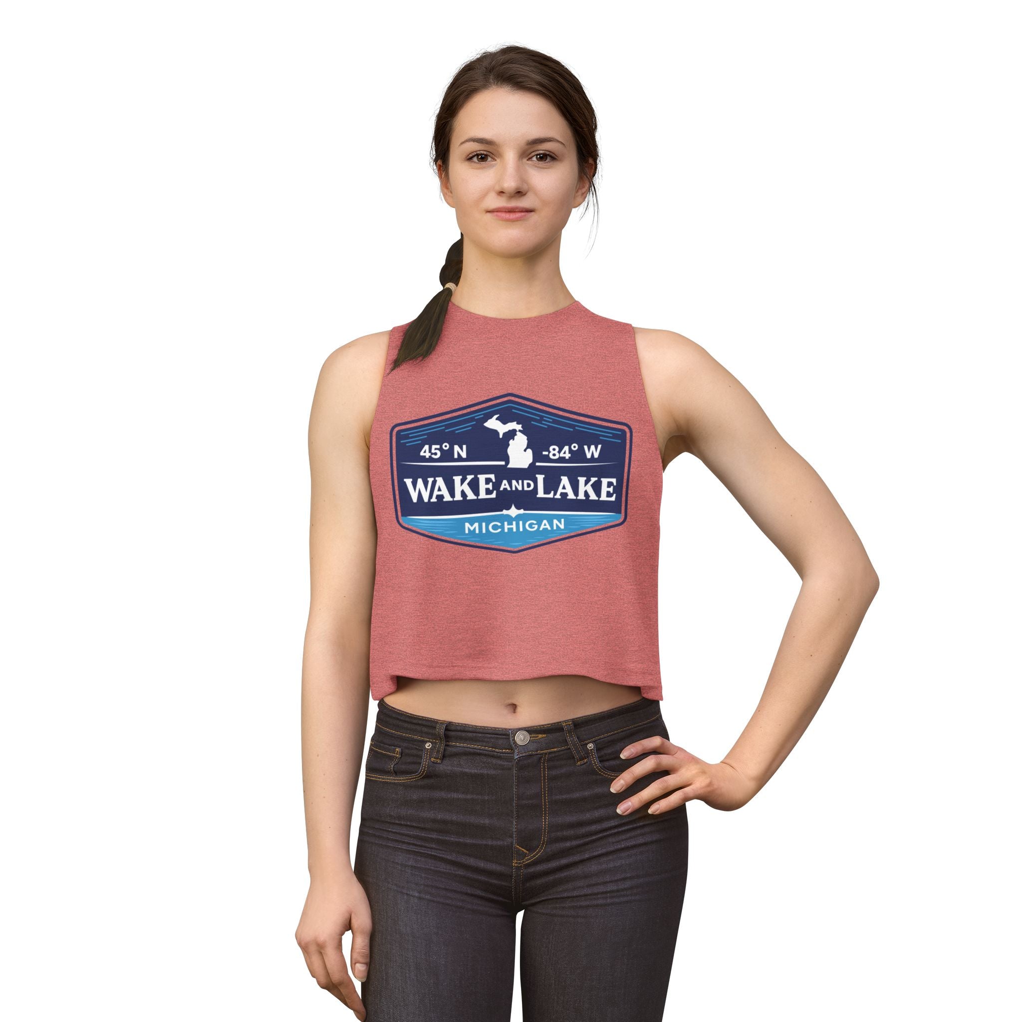 Wake and Lake Michigan Shield Women's Crop Tee – Fitted, sleeveless, red, front view on model