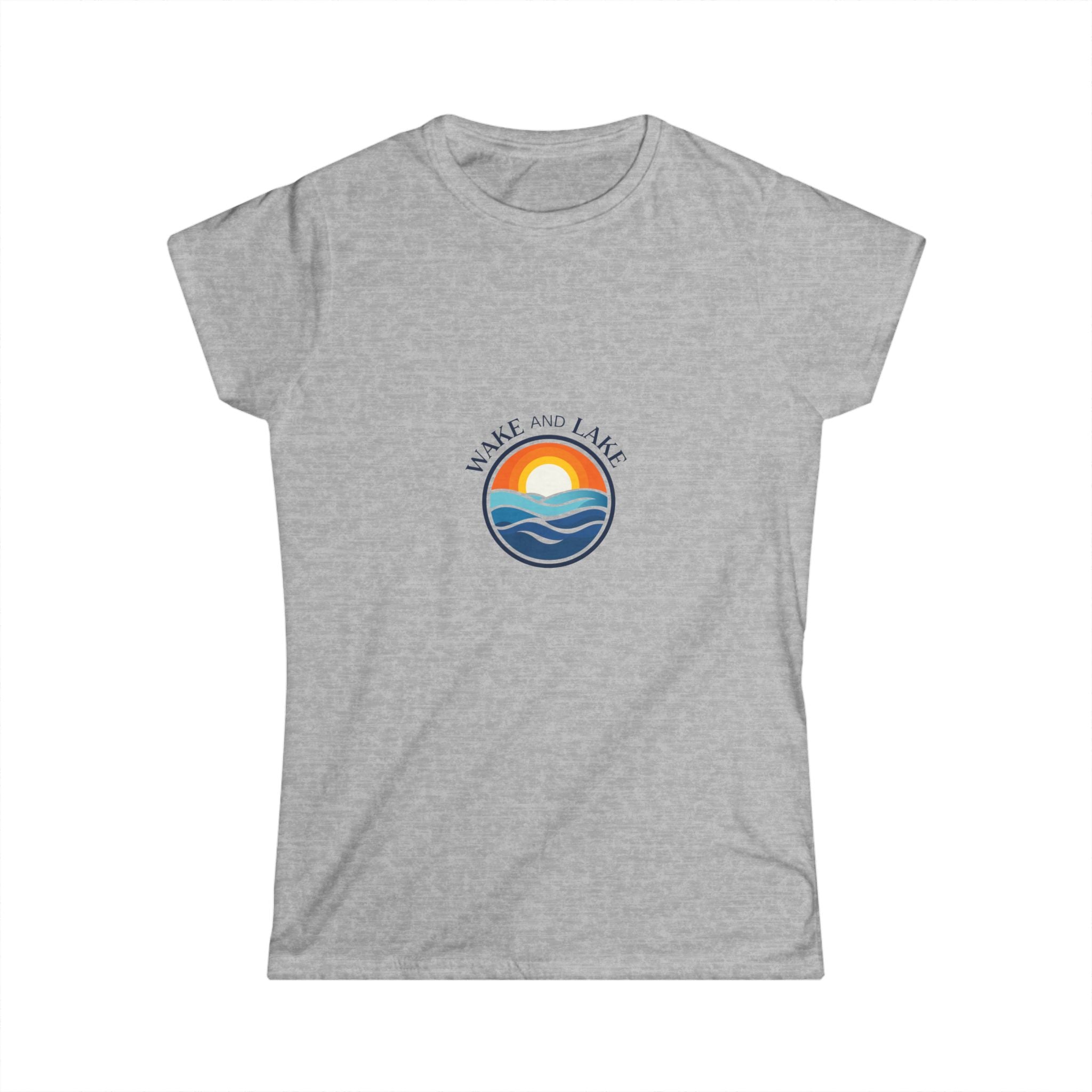 Wake and Lake Circle Crest Women's Fitted Tee, light gray, front view