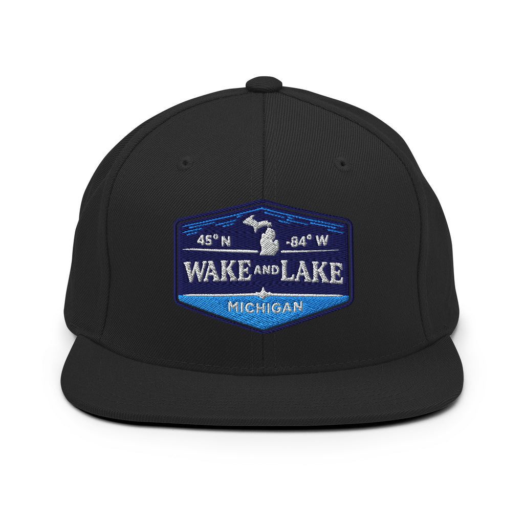 Classic Snap Back Hat, Wake and Lake Coordinate Badge, black, front view