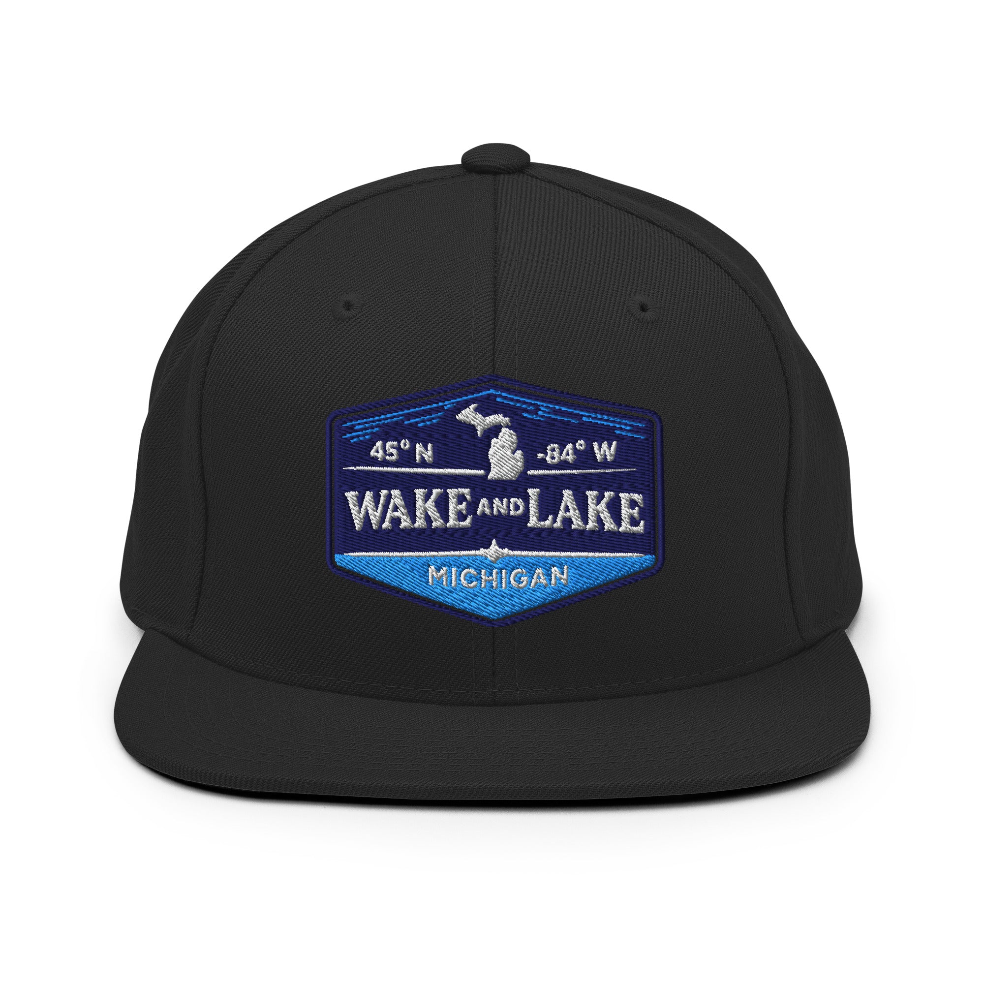 Classic Snap Back Hat, Wake and Lake Coordinate Badge, black, front view