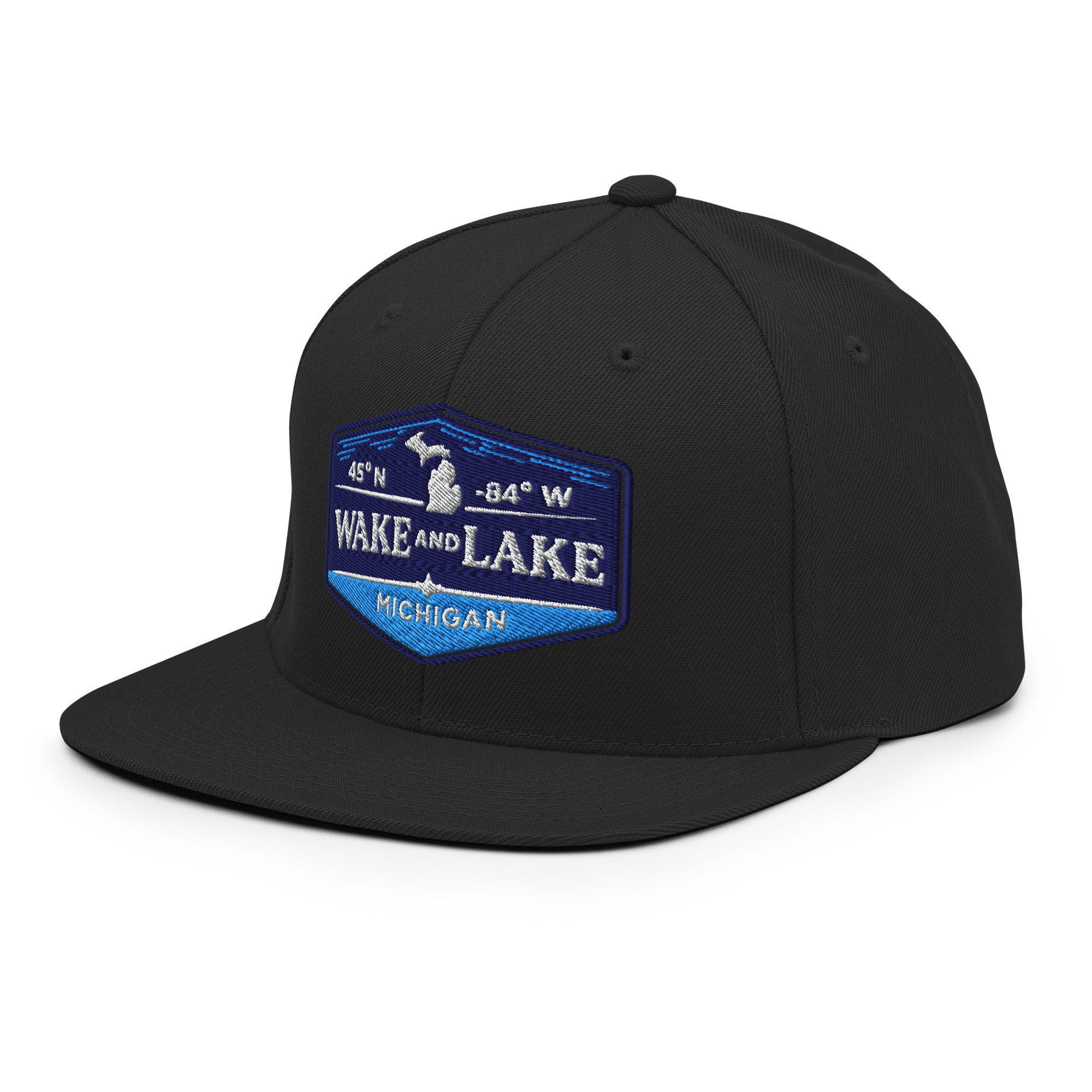 Classic Snap Back Hat, Wake and Lake Coordinate Badge, black, front view