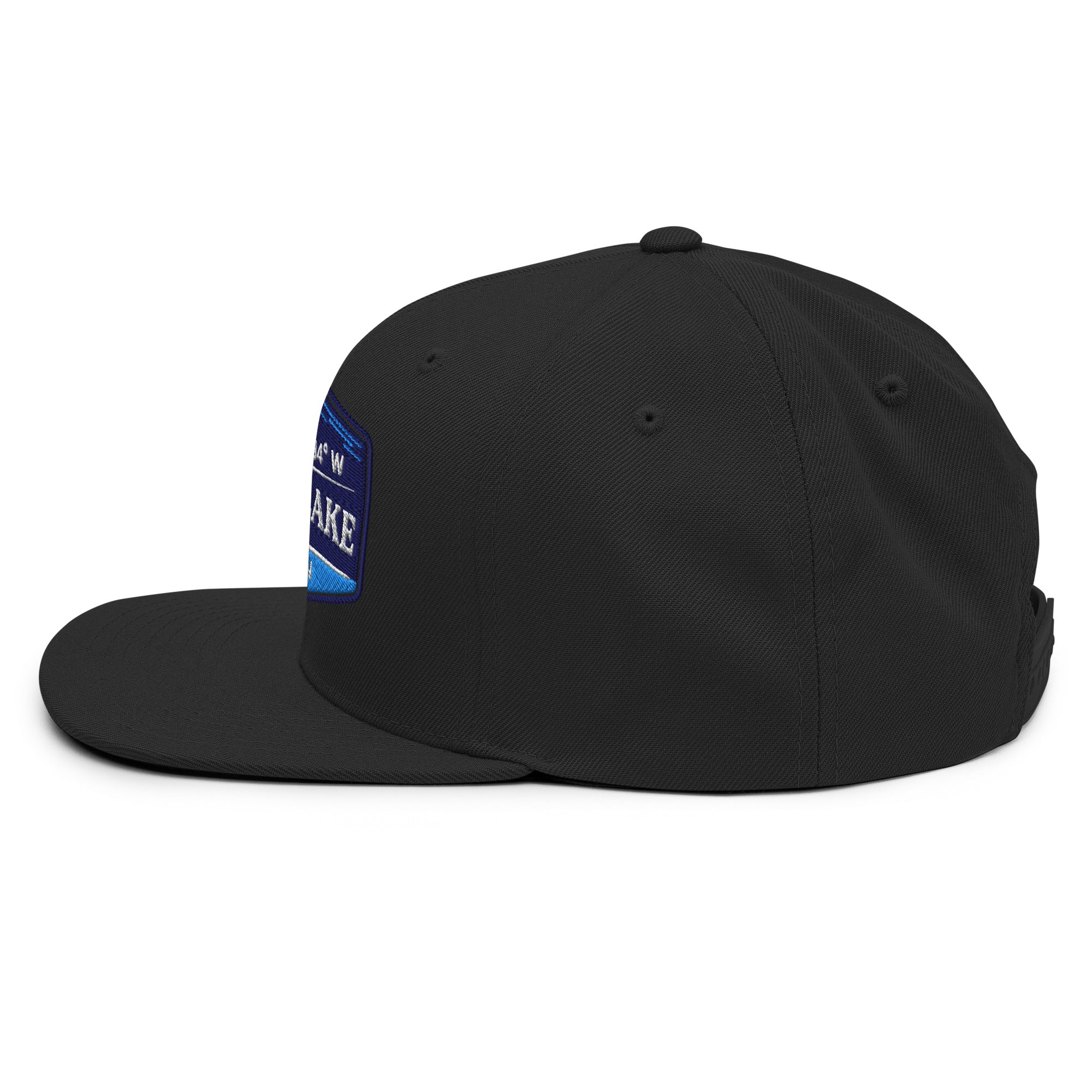 Classic Snap Back Hat, Wake and Lake Coordinate Badge, Black, side view