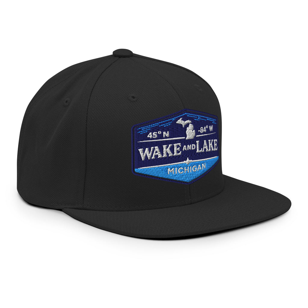 Classic Snap Back Hat, Wake and Lake Coordinate Badge, black, front view