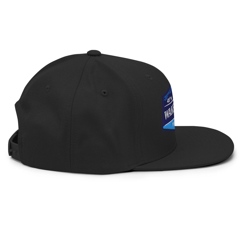 Classic Snap Back Hat, Wake and Lake Coordinate Badge, Black, side view
