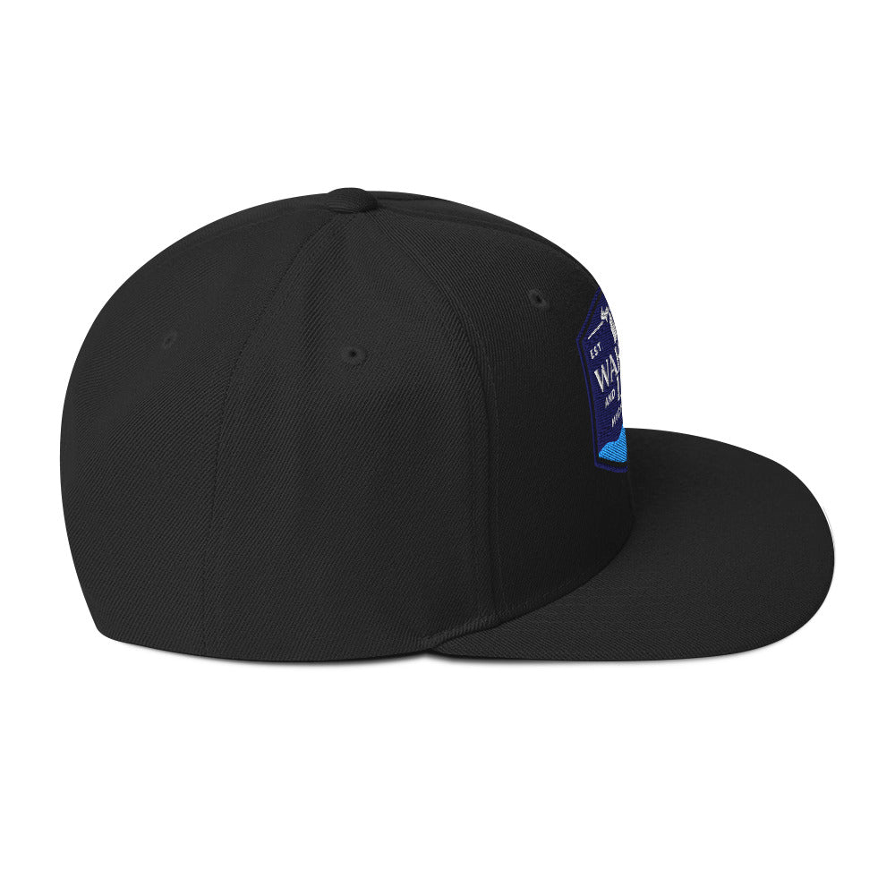 Classic snapback style hat, black, side view