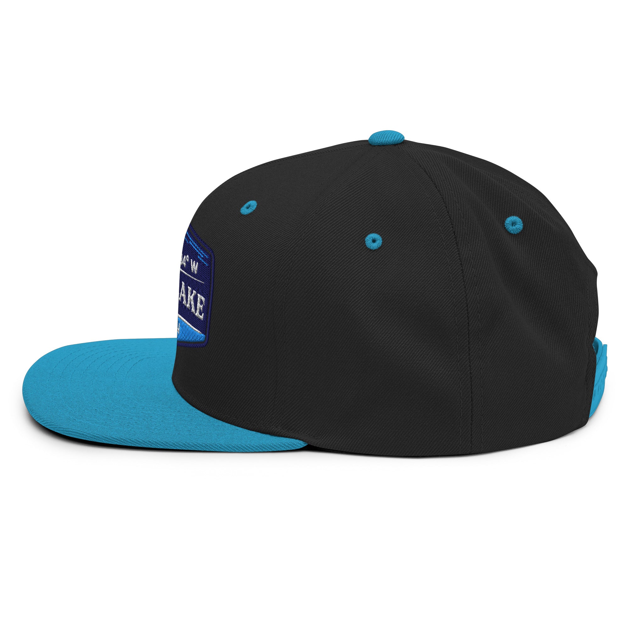 Classic Snap Back Hat, Wake and Lake Coordinate Badge, Black and Teal, side view