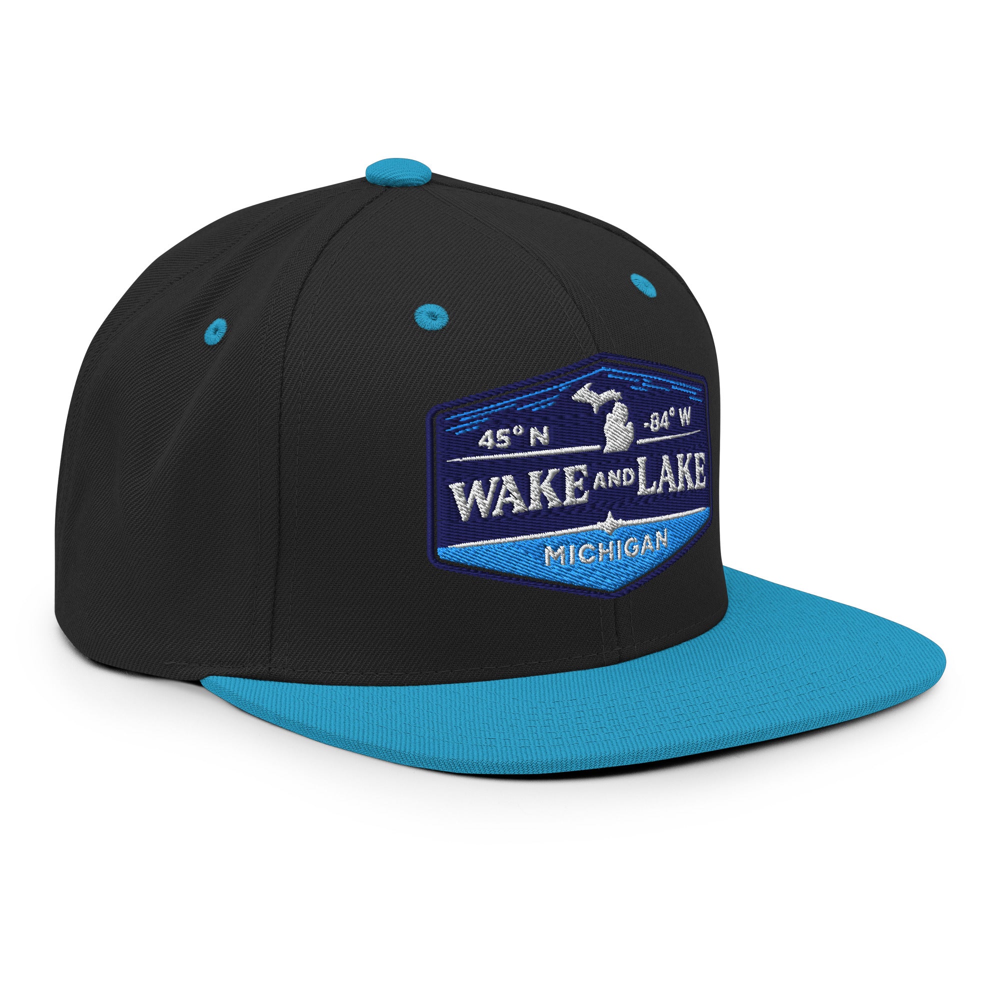 Classic Snap Back Hat, Wake and Lake Coordinate Badge, black and teal, front view