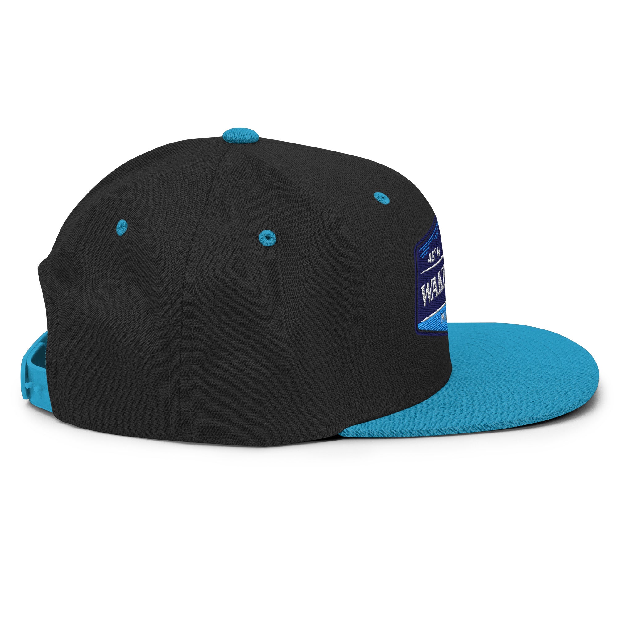 Classic Snap Back Hat, Wake and Lake Coordinate Badge, Black and Teal, side view