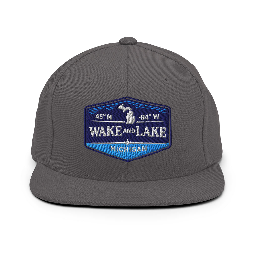 Classic Snap Back Hat, Wake and Lake Coordinate Badge, Dark Grey, front view