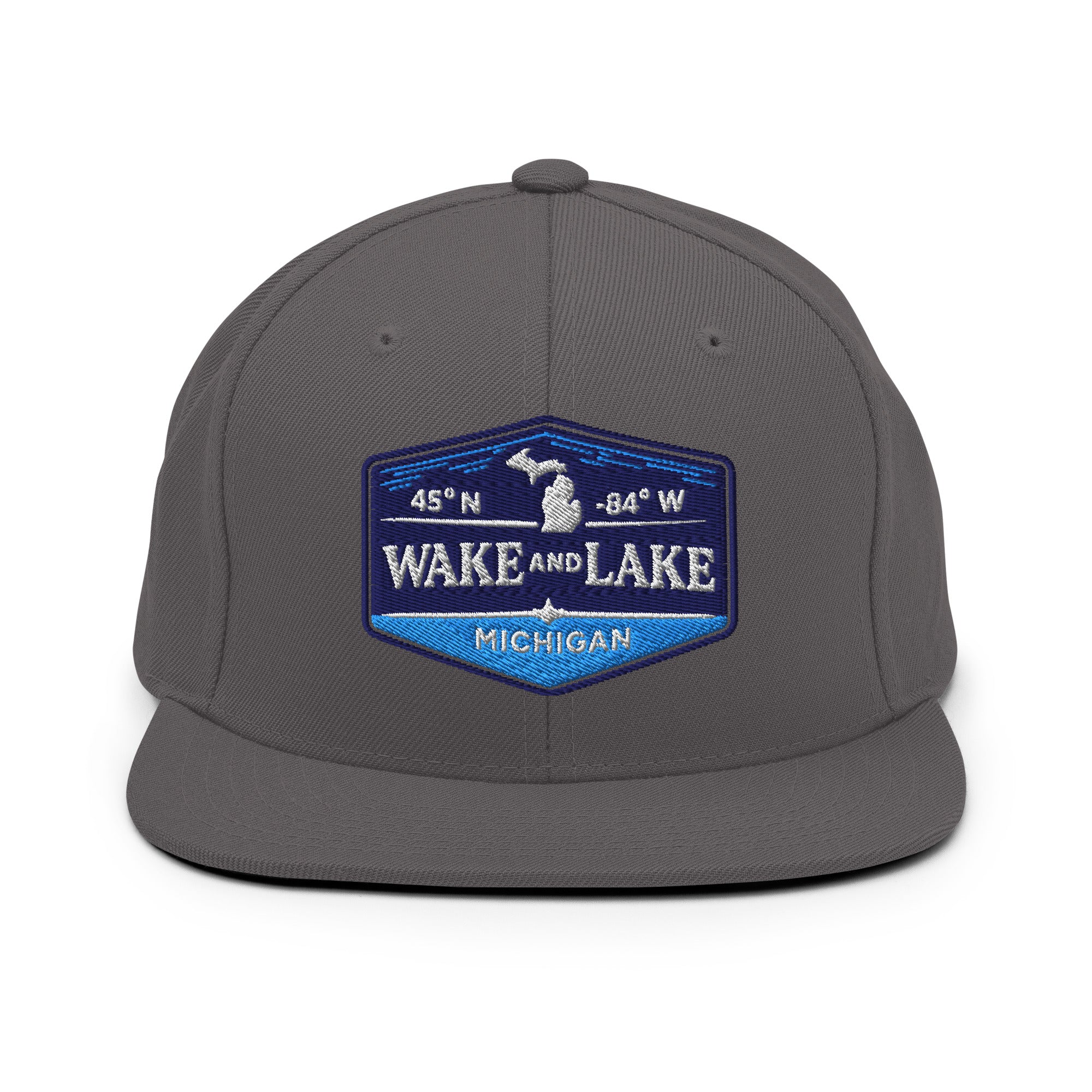 Classic Snap Back Hat, Wake and Lake Coordinate Badge, Dark Grey, front view