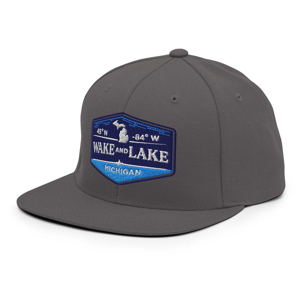 Classic Snap Back Hat, Wake and Lake Coordinate Badge, Dark Grey, front view
