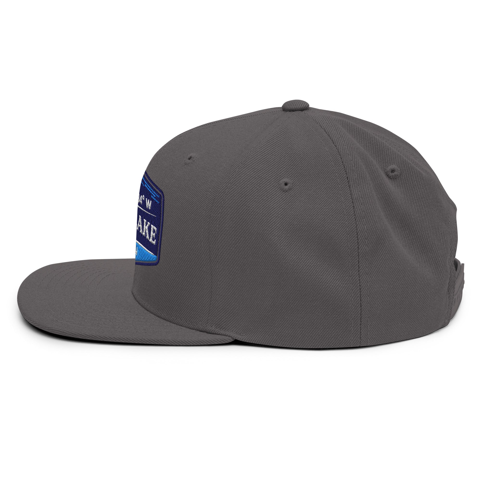 Classic Snap Back Hat, Wake and Lake Coordinate Badge, Dark Grey, side view