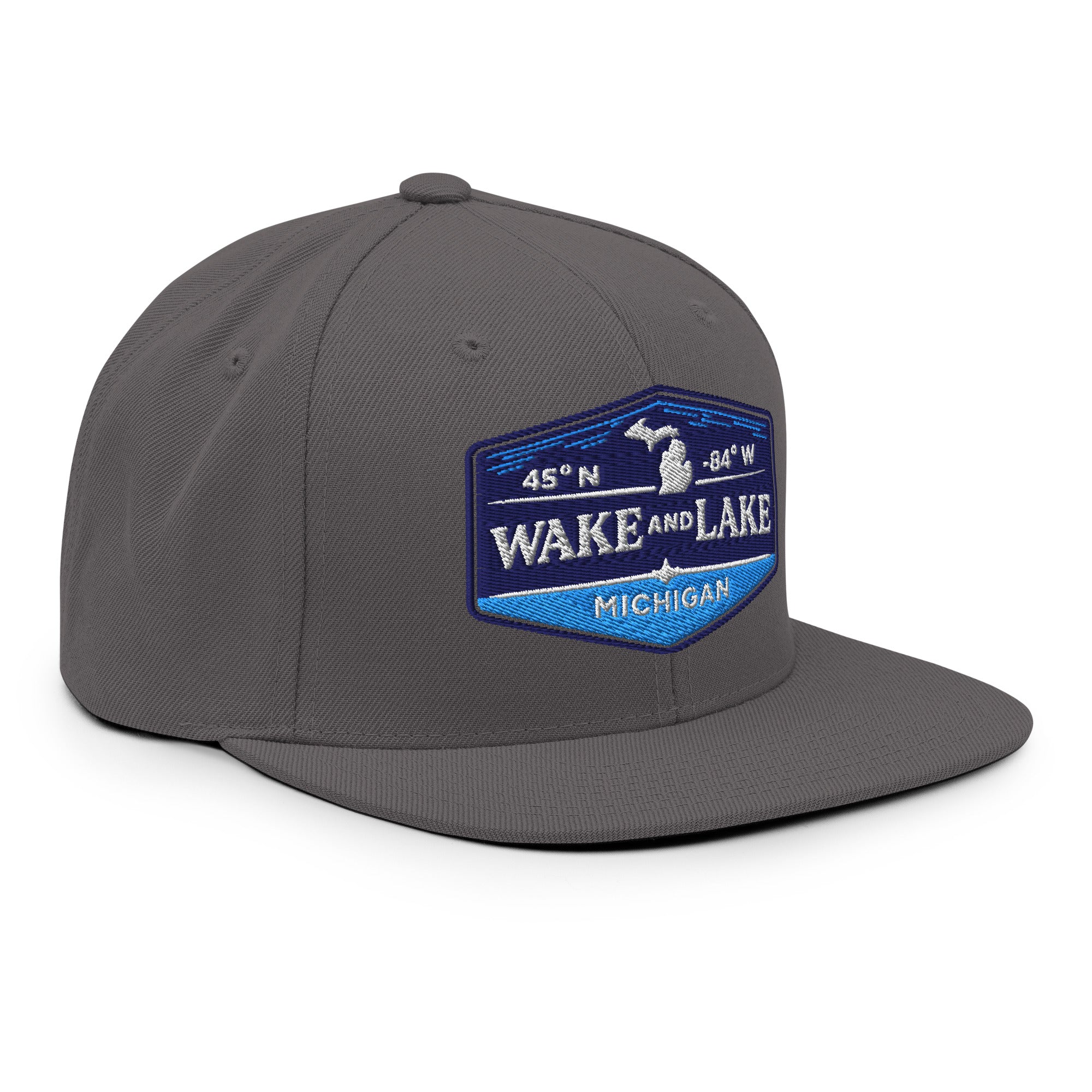 Classic Snap Back Hat, Wake and Lake Coordinate Badge, Dark Grey, front view