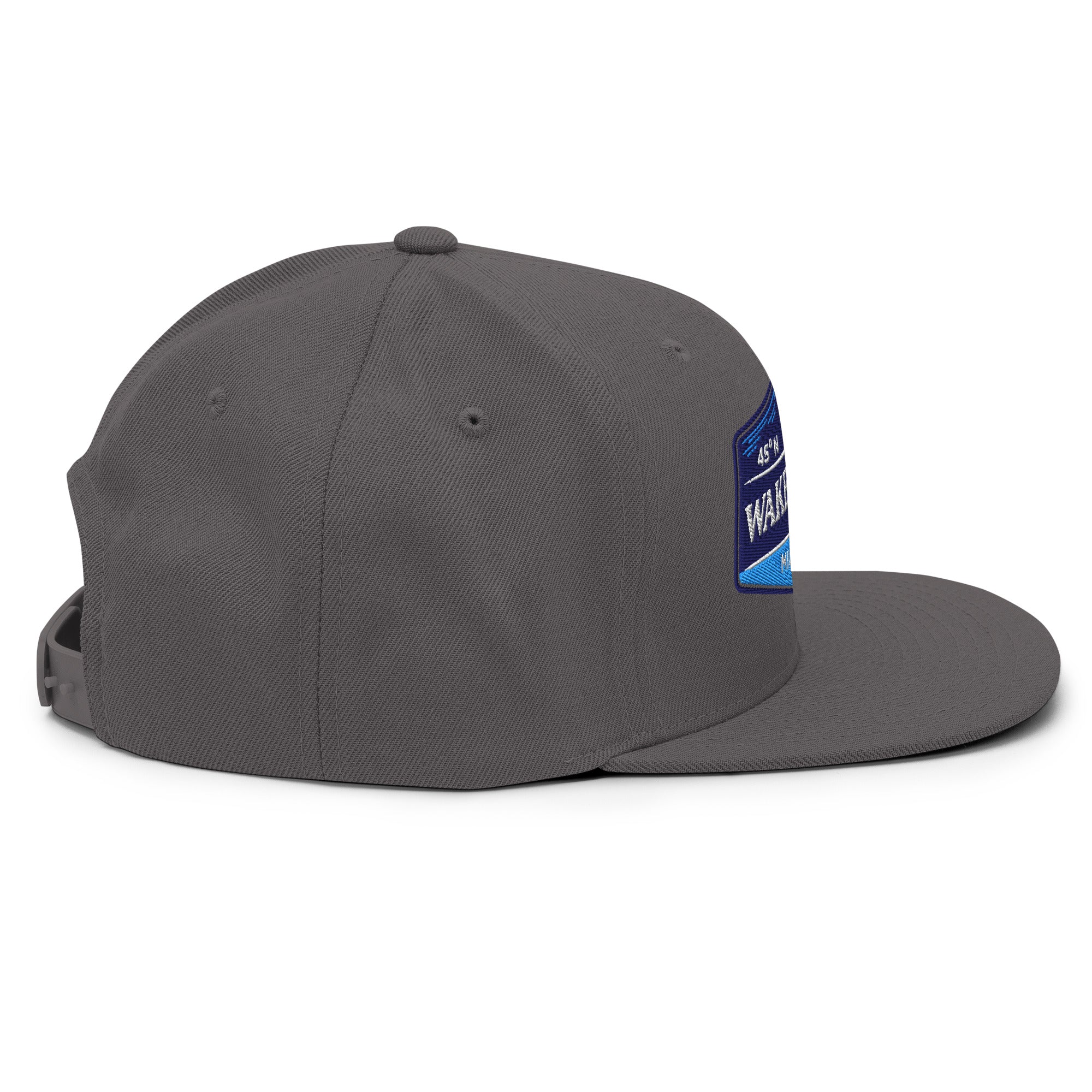 Classic Snap Back Hat, Wake and Lake Coordinate Badge, Dark Grey, side view