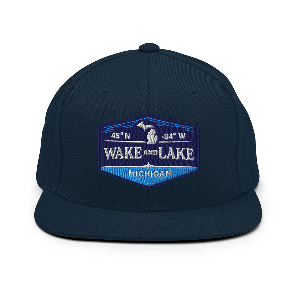Classic Snap Back Hat, Wake and Lake Coordinate Badge, navy, front view