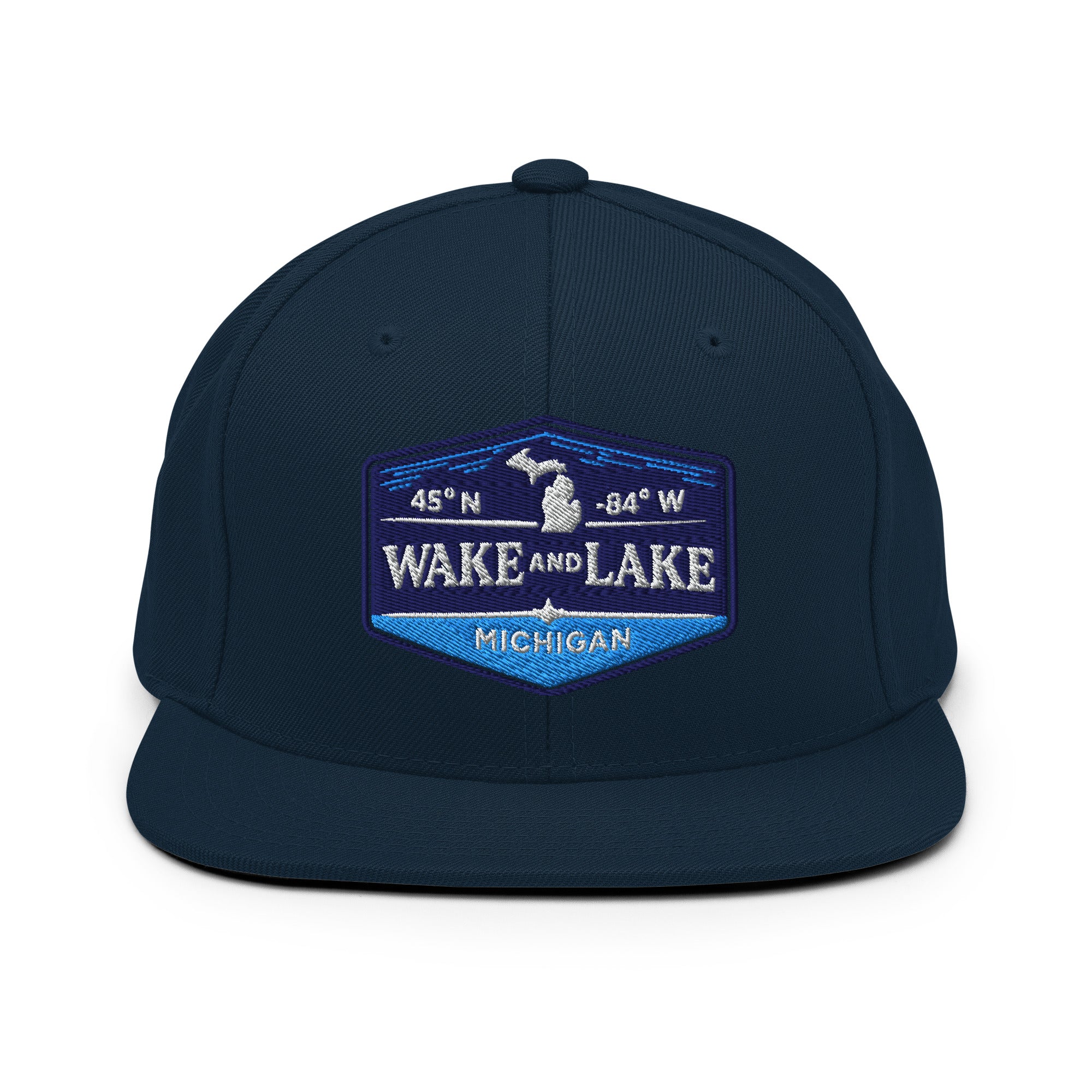 Classic Snap Back Hat, Wake and Lake Coordinate Badge, navy, front view