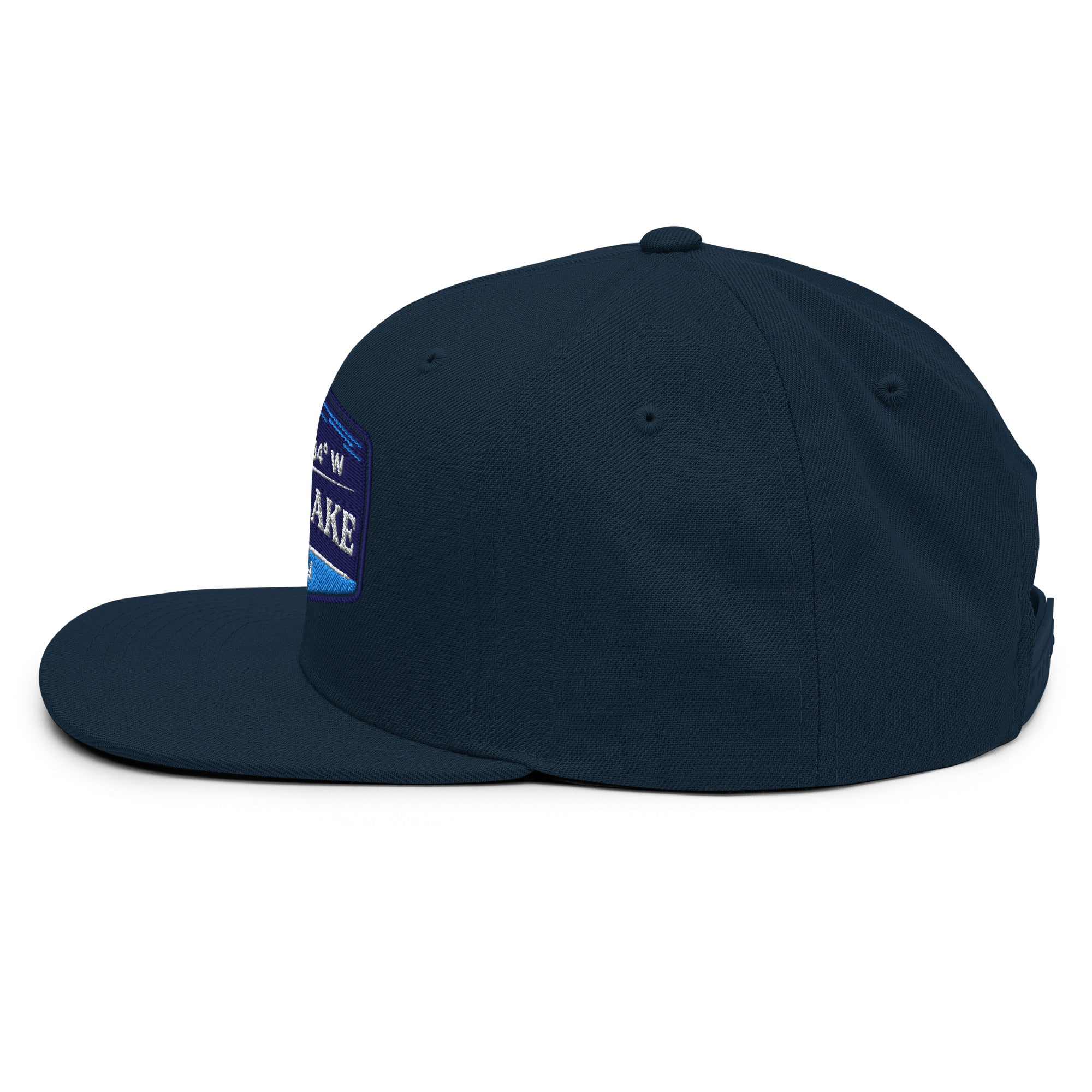 Classic Snap Back Hat, Wake and Lake Coordinate Badge, navy, side view