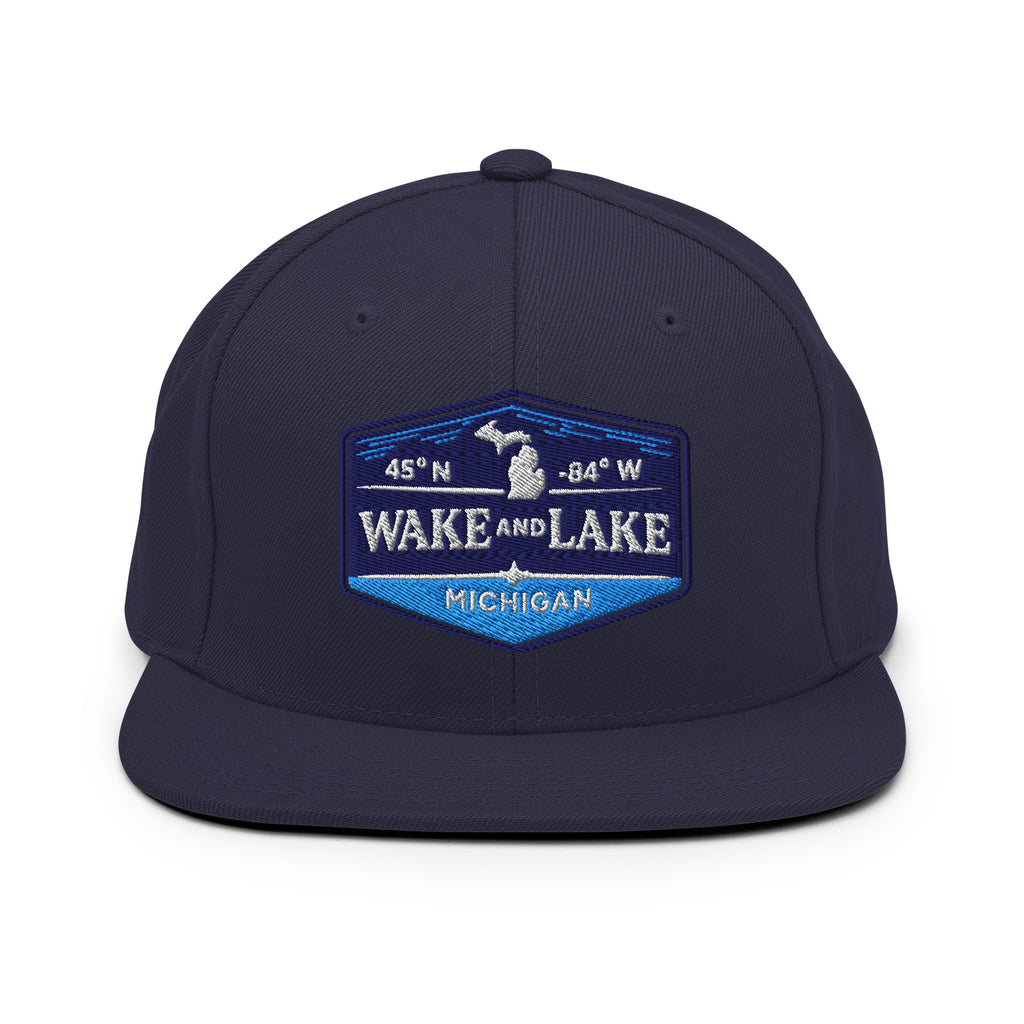 Classic Snap Back Hat, Wake and Lake Coordinate Badge, Navy, front view