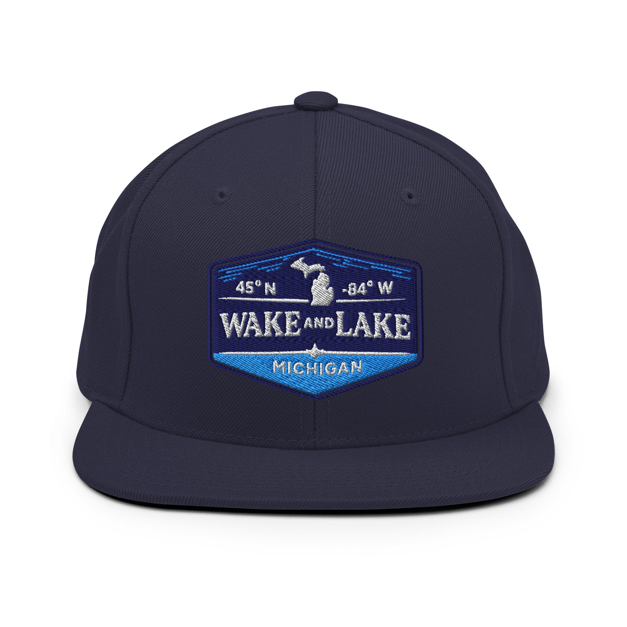 Classic Snap Back Hat, Wake and Lake Coordinate Badge, Navy, front view