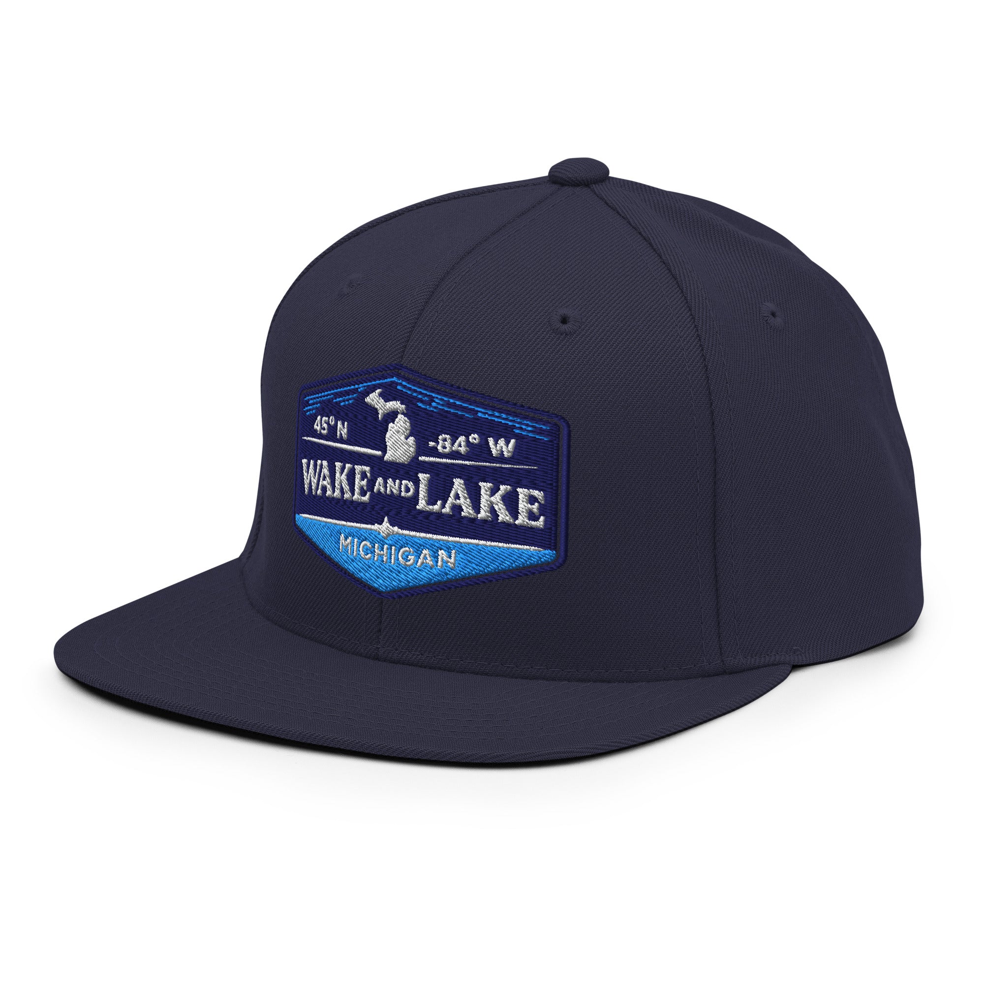 Classic Snap Back Hat, Wake and Lake Coordinate Badge, Navy, front view