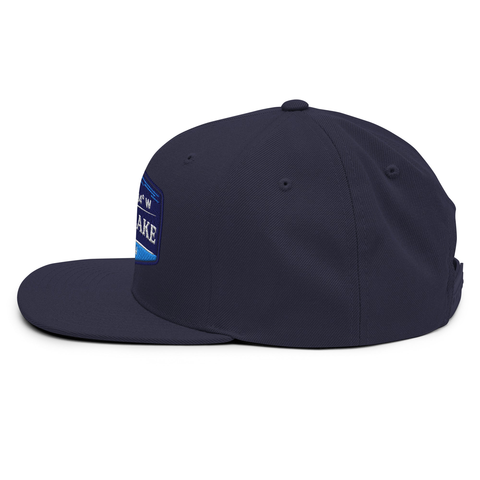 Classic Snap Back Hat, Wake and Lake Coordinate Badge, Navy, side view