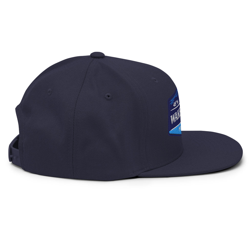 Classic Snap Back Hat, Wake and Lake Coordinate Badge, Navy, side view