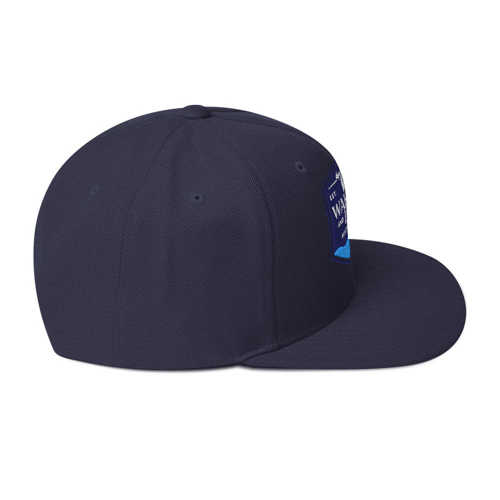 Classic snapback hat, navy blue, side view