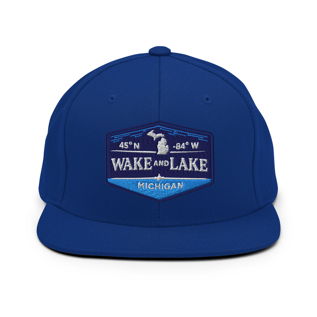 Classic Snap Back Hat, Wake and Lake Coordinate Badge, Royal Blue, front view