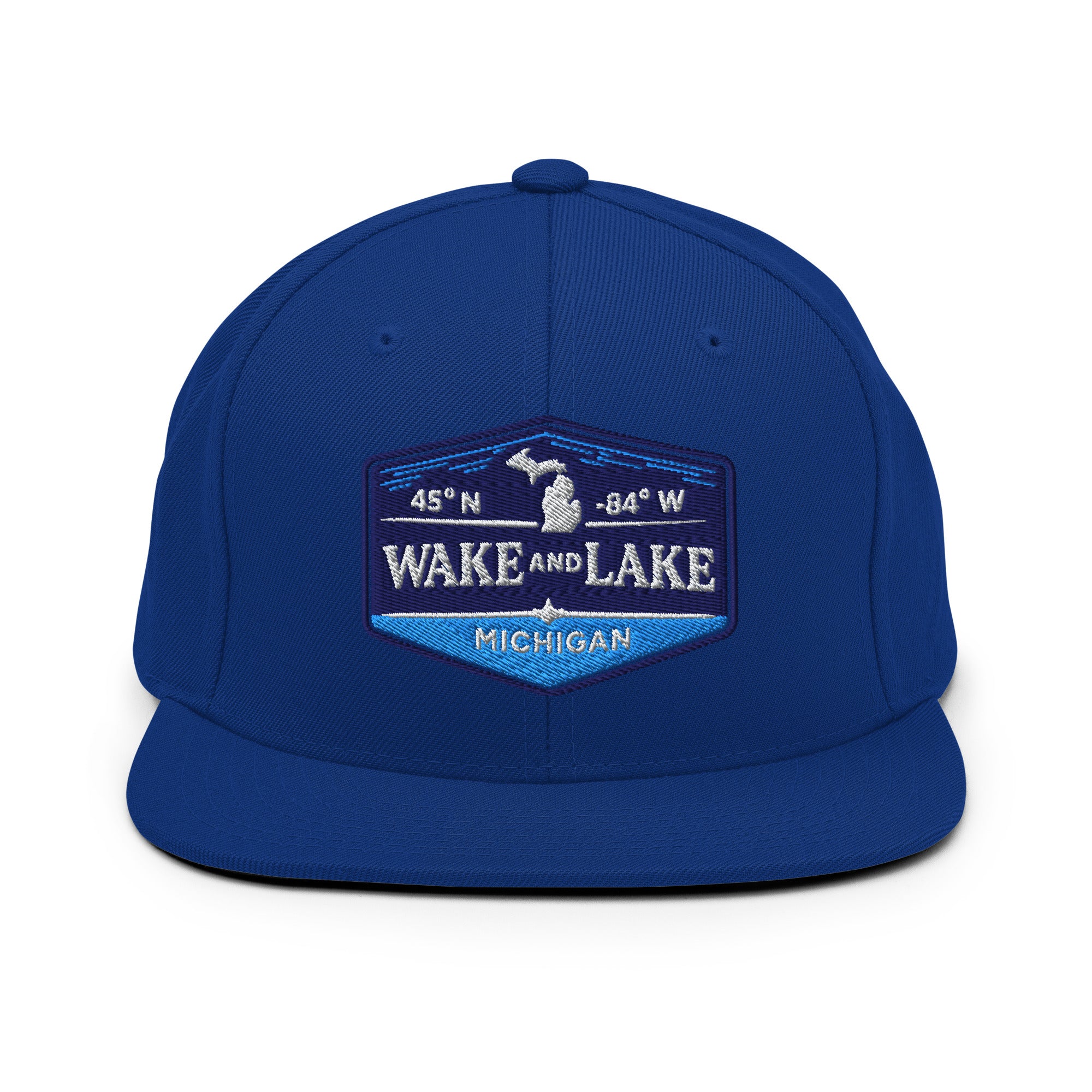 Classic Snap Back Hat, Wake and Lake Coordinate Badge, Royal Blue, front view