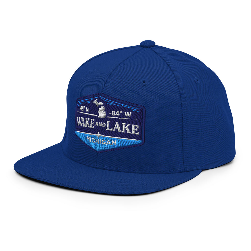 Classic Snap Back Hat, Wake and Lake Coordinate Badge,Royal Blue, front view