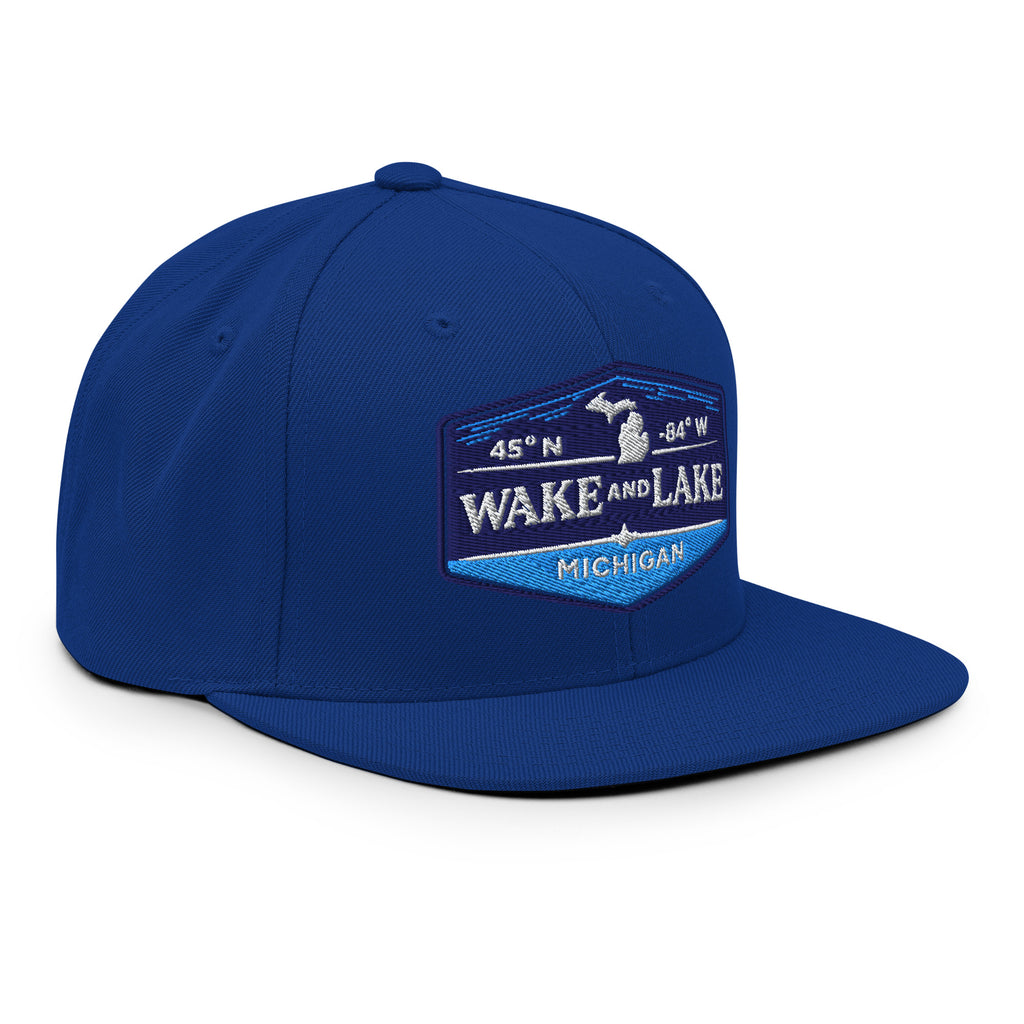 Classic Snap Back Hat, Wake and Lake Coordinate Badge, Royal Blue, front view
