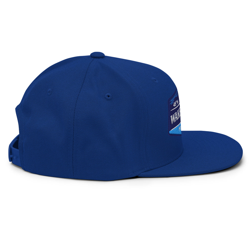 Classic Snap Back Hat, Wake and Lake Coordinate Badge, Royal Blue, side view