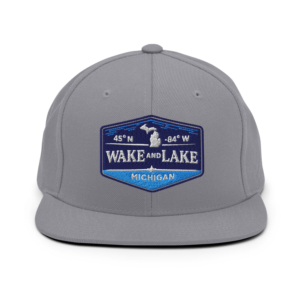 Classic Snap Back Hat,  Wake and Lake Coordinate Badge, Silver, front view
