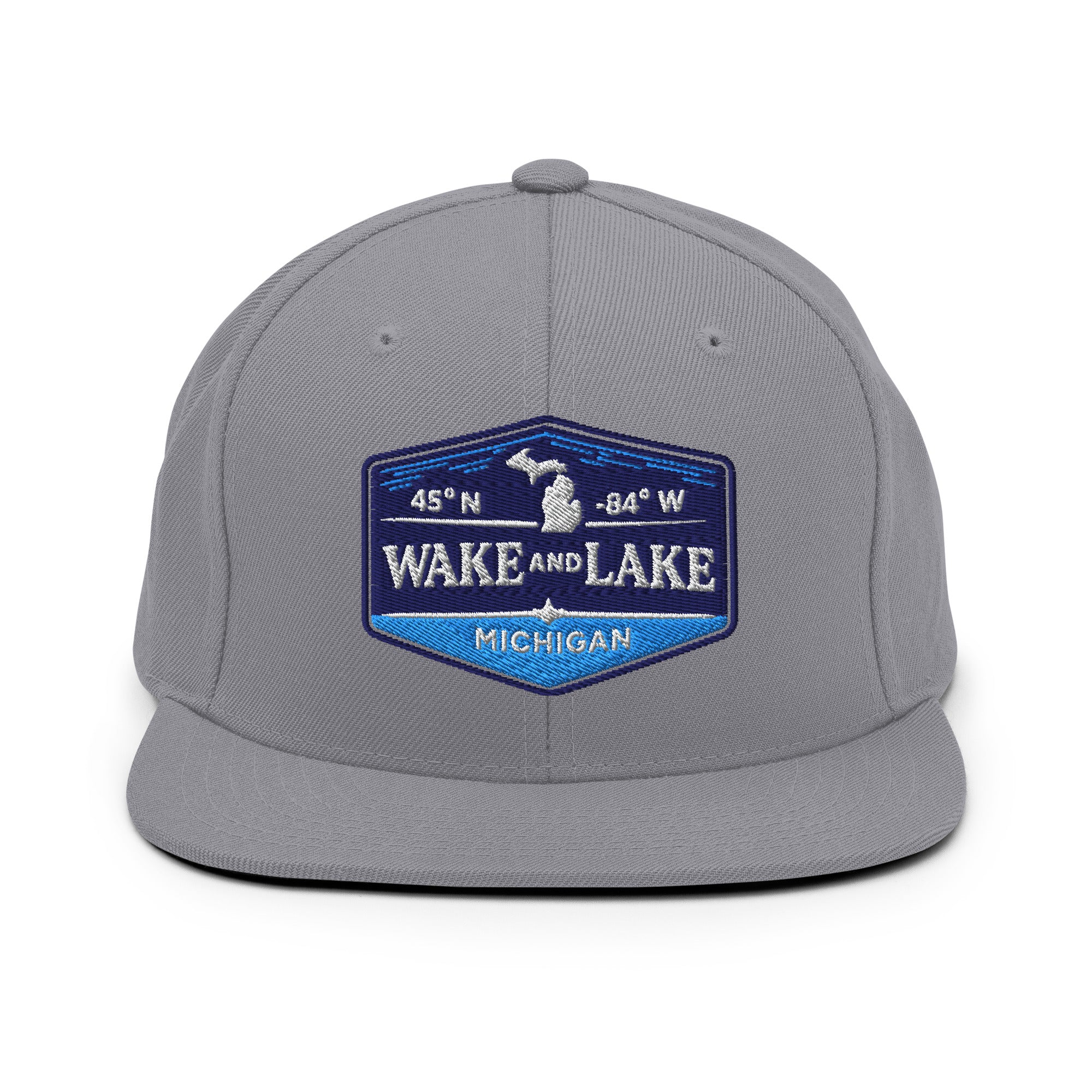 Classic Snap Back Hat,  Wake and Lake Coordinate Badge, Silver, front view