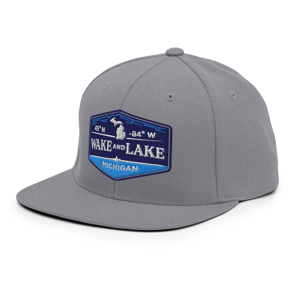 Classic Snap Back Hat, Wake and Lake Coordinate Badge, Dark Grey, front view